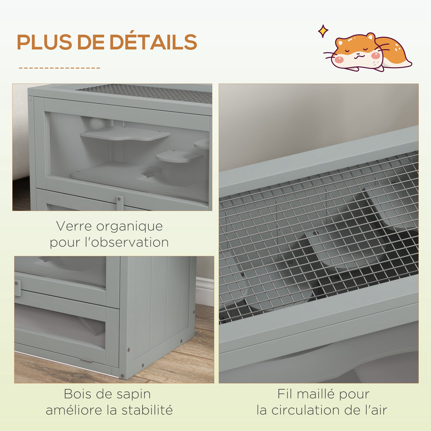 Cage pour hamsters souris petits rongeurs multi-équipements rampe plateformes toit ouvrant grillagé 60 x 35 x 42 cm gris