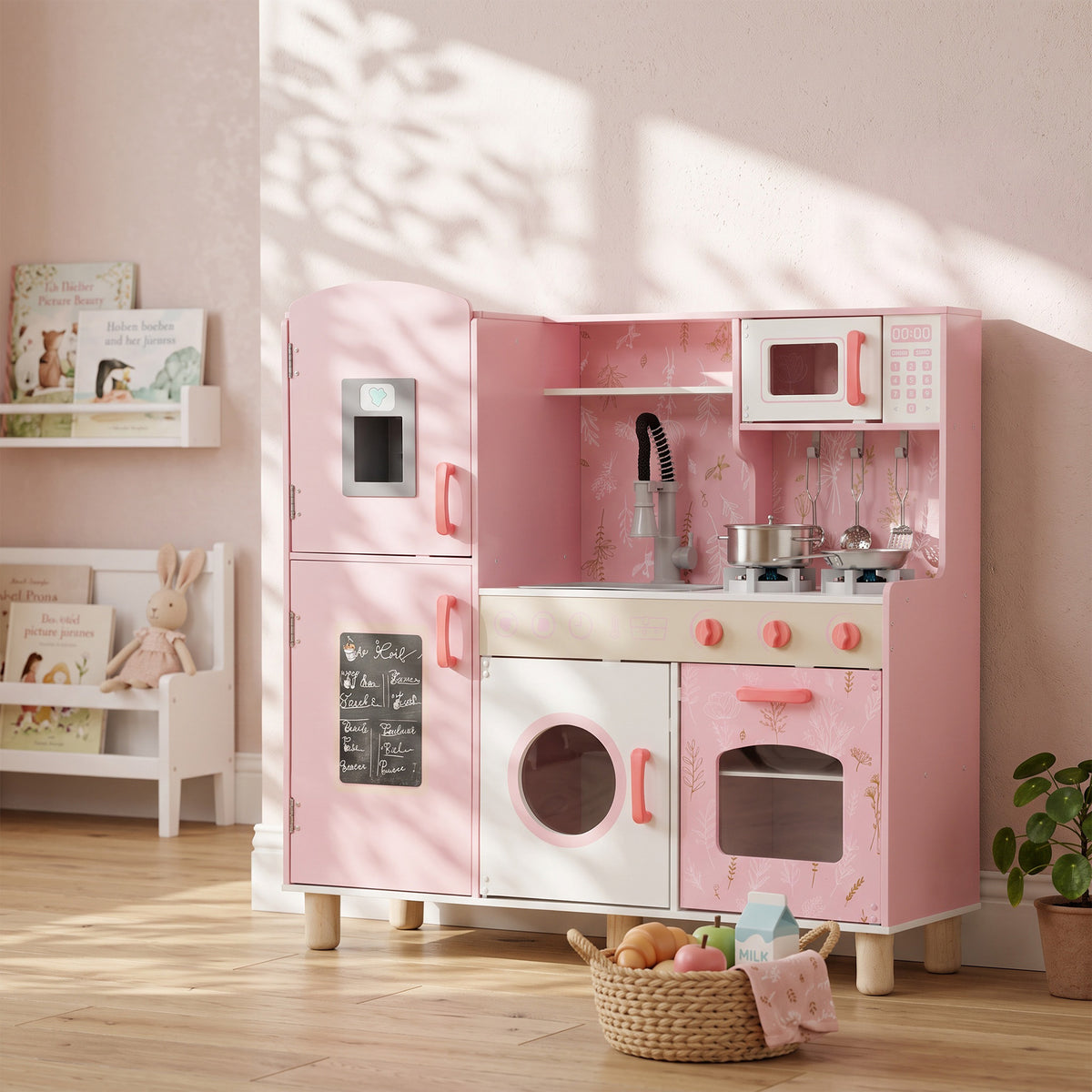Haurrentzako Sukaldea izotz-kuboekin, Mikrouhin-labea, Labea, Plaka, Harraska, Garbigailua, Arbela, 90x33,3x91,6cm, Arrosa
