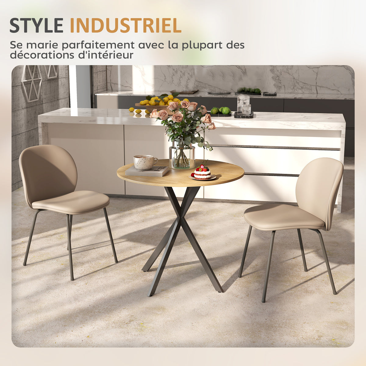 Mesa de comedor redonda para 2 personas con tablero efecto madera y base cruzada de acero, blanco roble