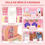 Casa delle Bambole in Legno per Bambini, Casa dei Sogni per Bambine a 3 Piani con Balcone, Scale e 10 Accessori, Rosa