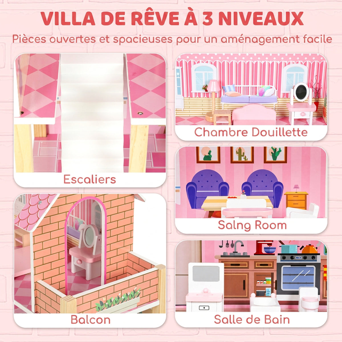 Casa delle Bambole in Legno per Bambini, Casa dei Sogni per Bambine a 3 Piani con Balcone, Scale e 10 Accessori, Rosa