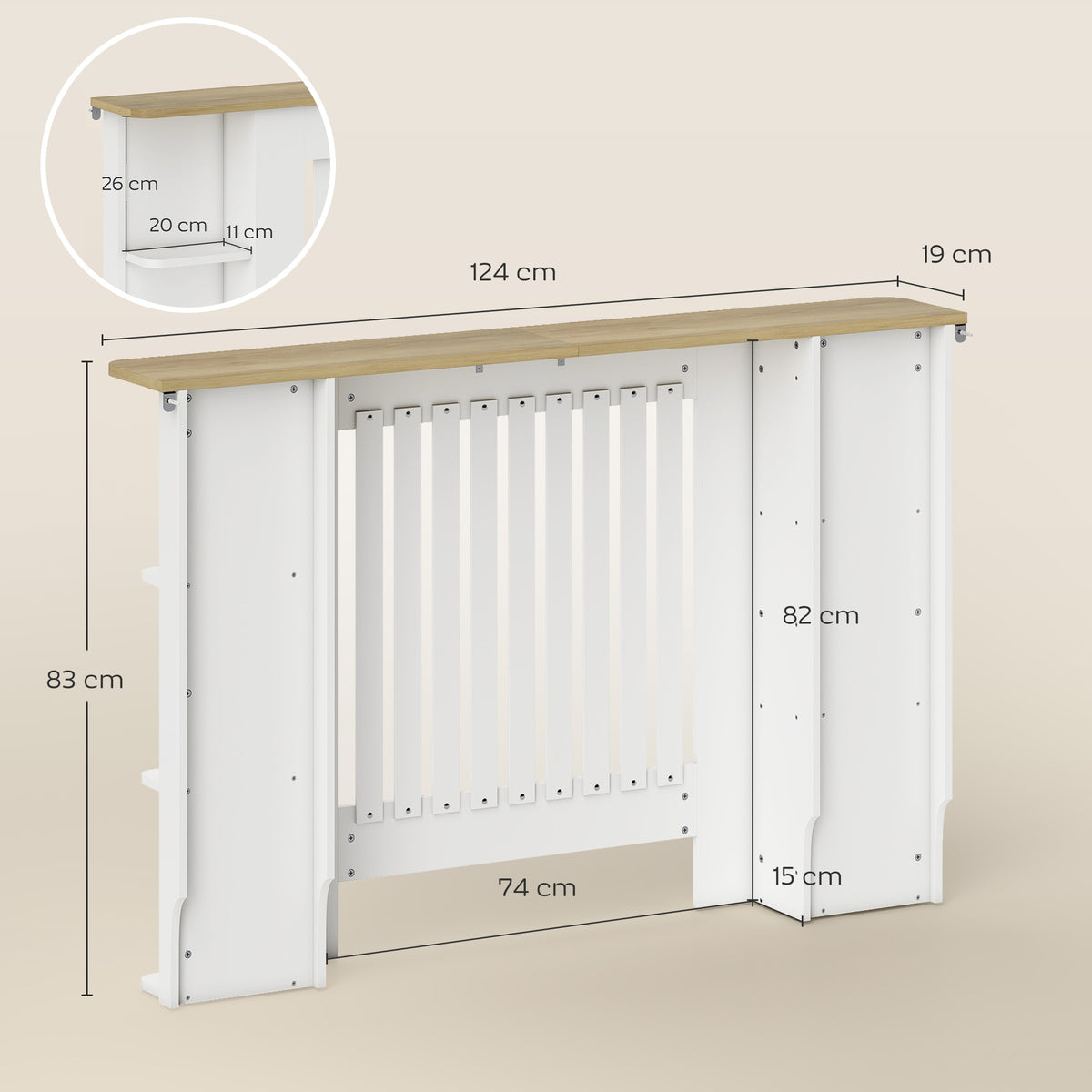 Cache-radiateur avec étagères de rangement ouvertes, couvercle de radiateur en bois à lattes, 124x19x83cm, blanc