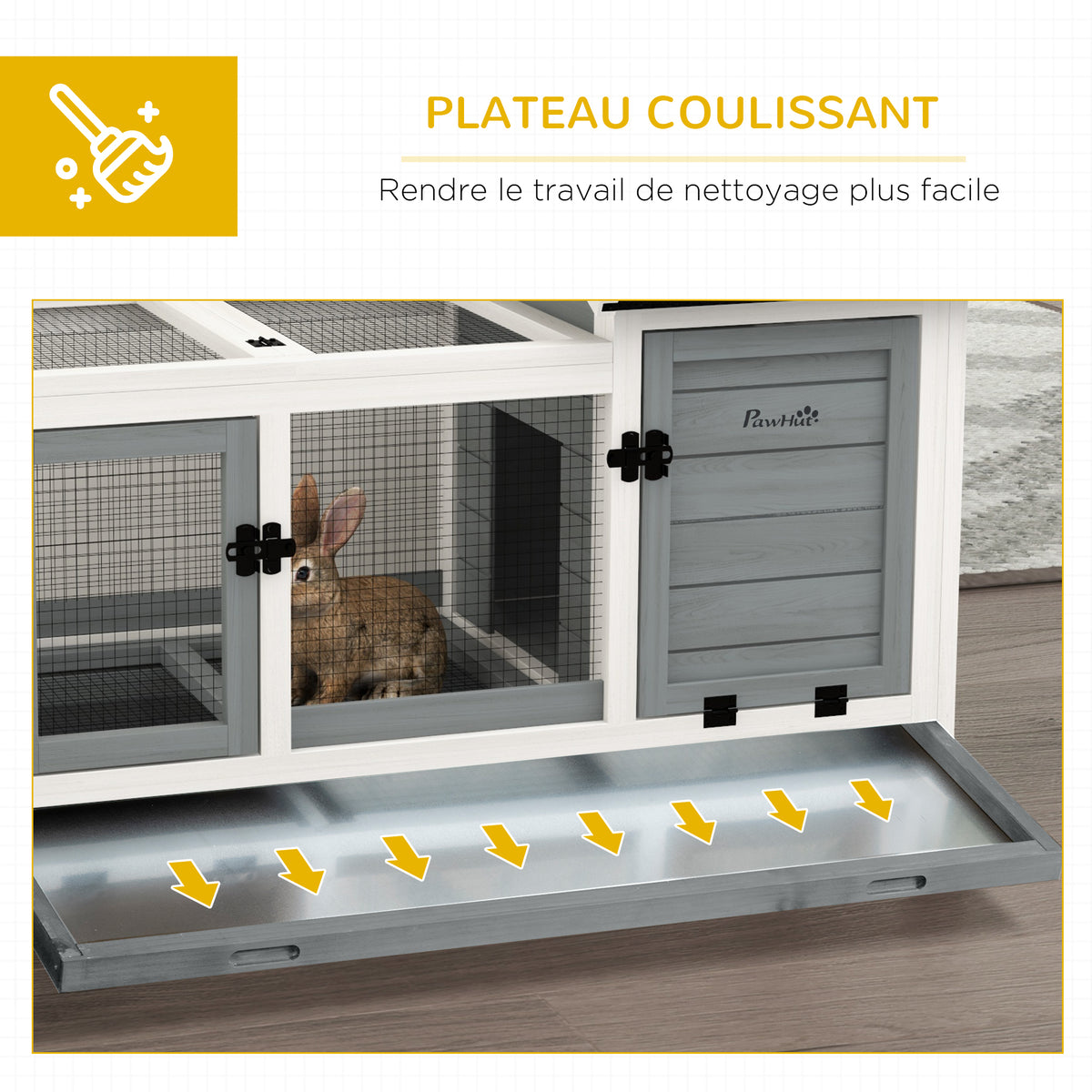 Clapier cage à lapins rongeurs sur roulettes 2 portes verrouillables - dim. 108L x 58l x 73,5H cm - bois massif