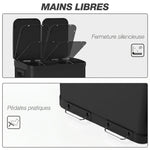 Poubelle de cuisine à double compartiment 2 x 30L avec pédale en acier inoxydable, couvercle à fermeture douce, noir