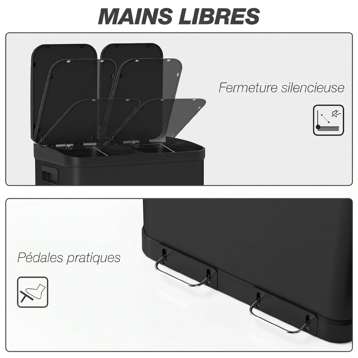 Poubelle de cuisine à double compartiment 2 x 30L avec pédale en acier inoxydable, couvercle à fermeture douce, noir