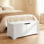 Coffre de Rangement 136 L, Banc Coffre avec 2 Charnières de Sécurité et Design Sans Poignée, 100 x 40 x 45 cm, Blanc