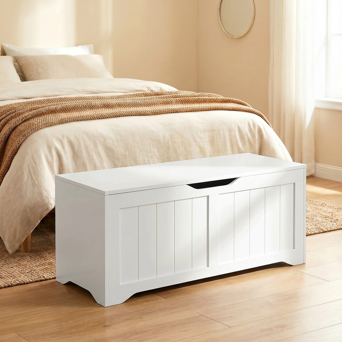 Coffre de Rangement 136 L, Banc Coffre avec 2 Charnières de Sécurité et Design Sans Poignée, 100 x 40 x 45 cm, Blanc