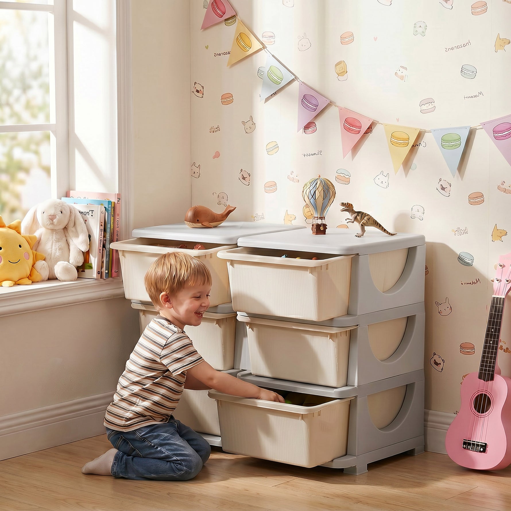 Organisateur de jouets pour enfants à 3 niveaux avec 6 tiroirs, boîtes de rangement en plastique, 75x37x56,5cm, crème