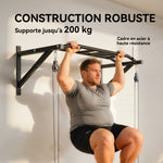 Barre de traction murale barre de fitness multi-prise système de poulie à câble charge 200kg, acier 126x60x45,5cm, noir