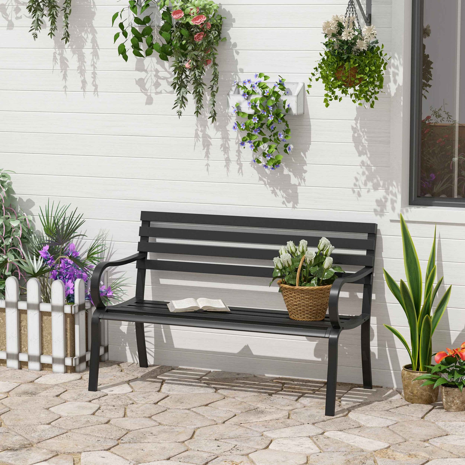 Banc de Jardin Design Contemporain 2 Places dim. 127L x 58l x 82H cm métal époxy Noir