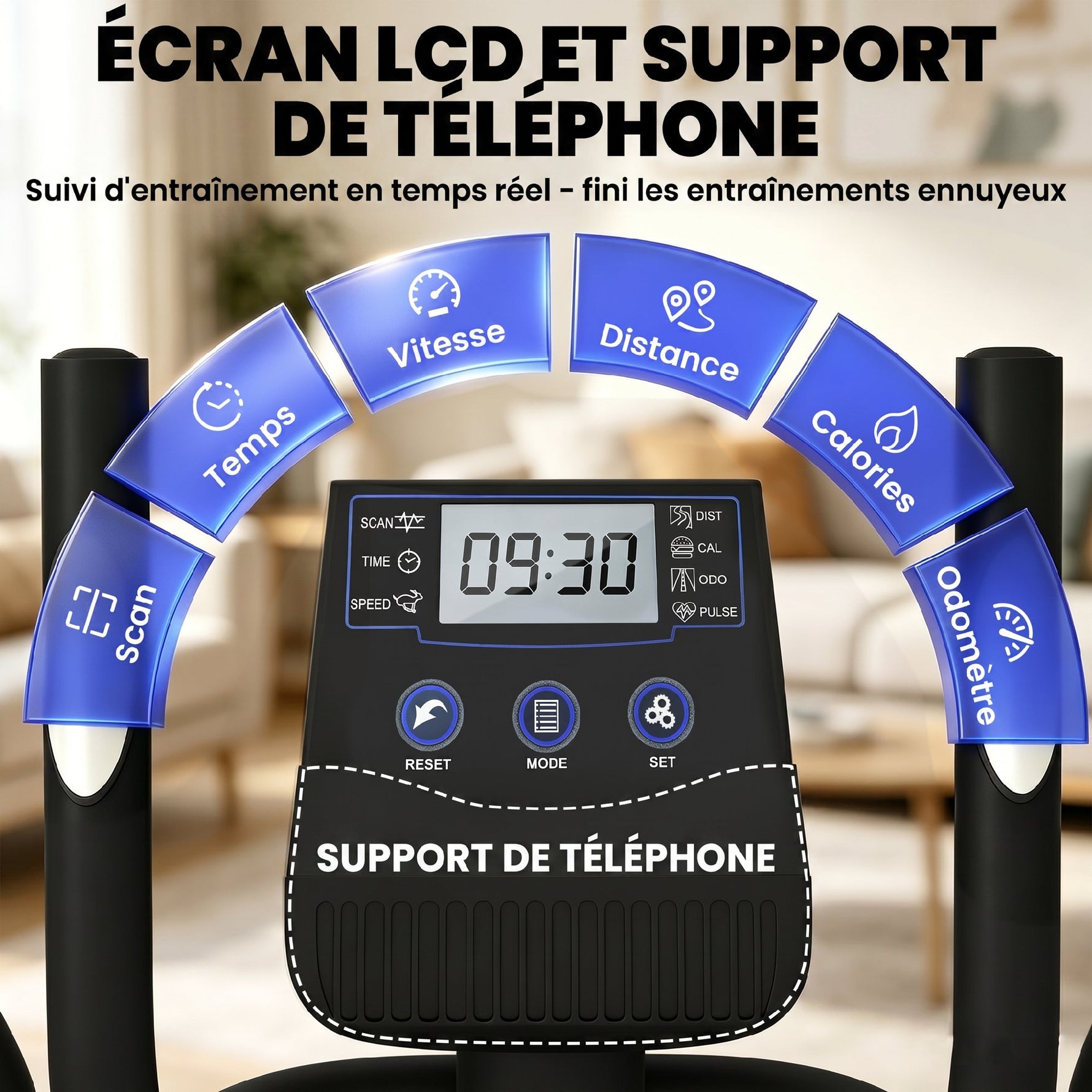 Vélo Elliptique, Écran LCD, Résistance 8 Niveaux, Capteur Pouls, Bluetooth, Support pour Téléphone, 100x52x153cm, Gris