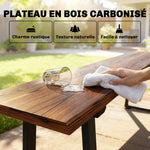 Banc de Jardin en Bois Sans Dossier en Bois, Pieds trapézoïdaux en acier, 2 Places à Effet Bois, 150x28x48cm, Carbonisé