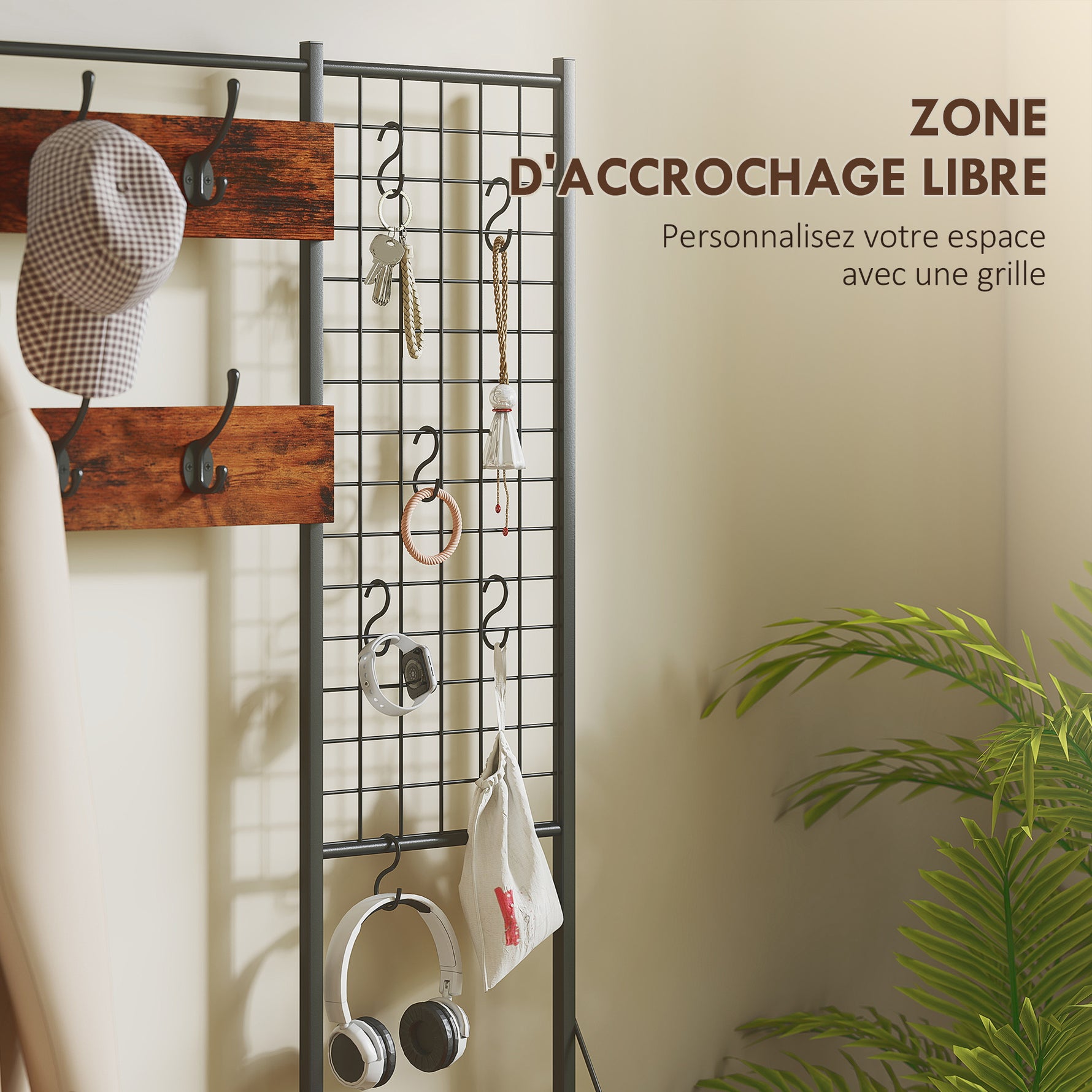 Meuble d'entrée 4 en 1, portemanteau, vestiaire avec 7 tiroirs en tissu et 14 crochets, 100 x 30 x 183 cm, brun rustique