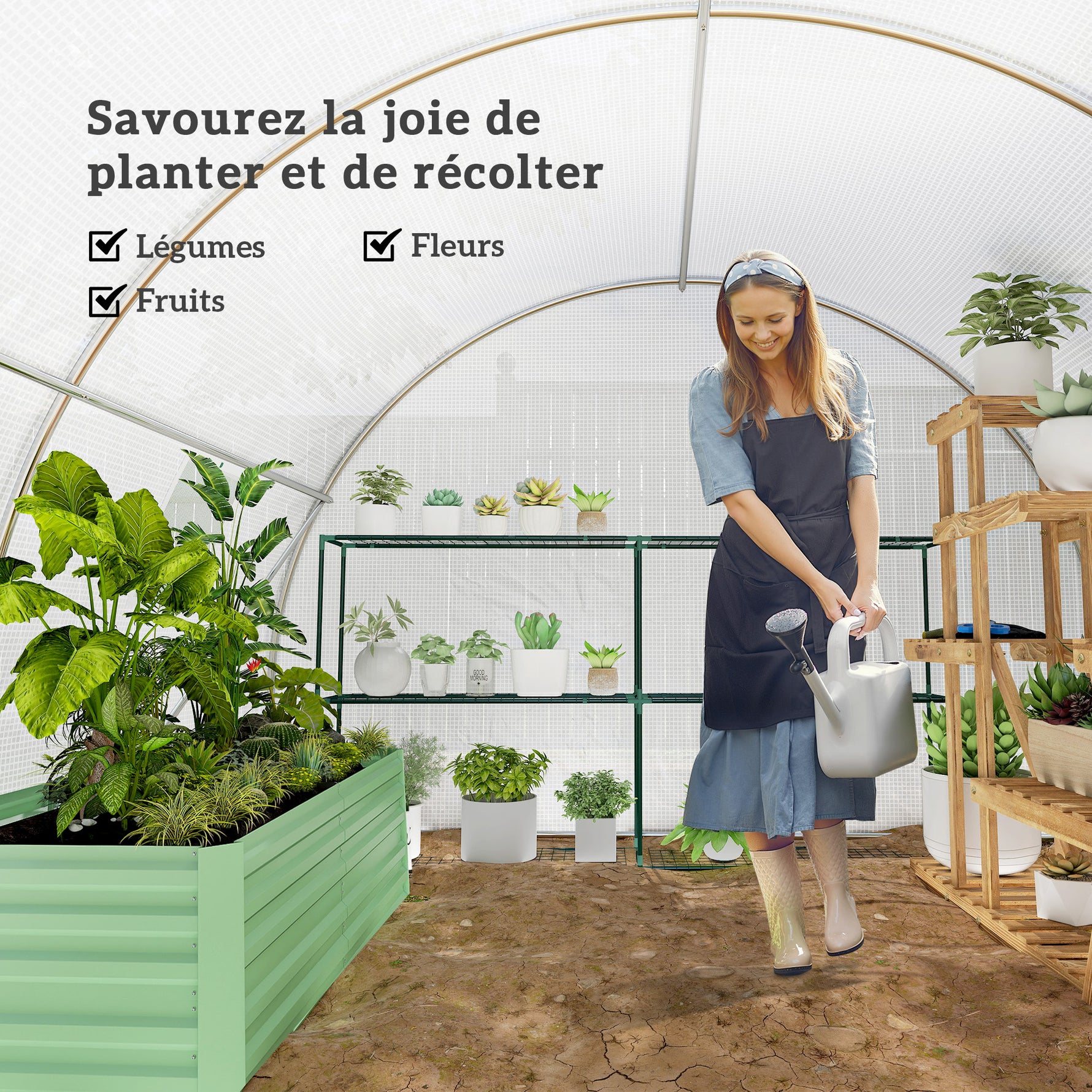 Serre de jardin tunnel 13,5 m² 6 fenêtres, porte zippée enroulable châssis acier galvanisé, bâche PE 4,5 x 3 x 2 m blanc