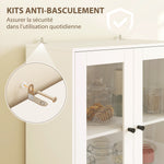 Buffet haut cuisine, armoire de cuisine avec portes vitrées, tiroirs et étagères réglables, 59x30x170cm, blanc brillant