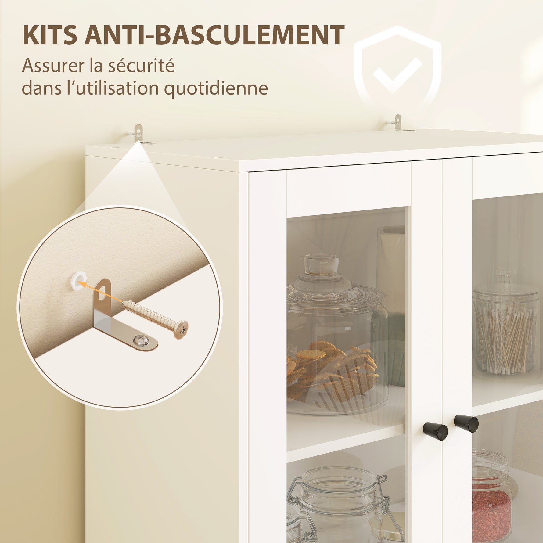 Buffet haut cuisine, armoire de cuisine avec portes vitrées, tiroirs et étagères réglables, 59x30x170cm, blanc brillant