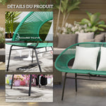 Banquette banc de jardin 2 places en acier et cordage en résine avec 2 coussins - dim. 132L x 72l x 83H cm - vert foncé