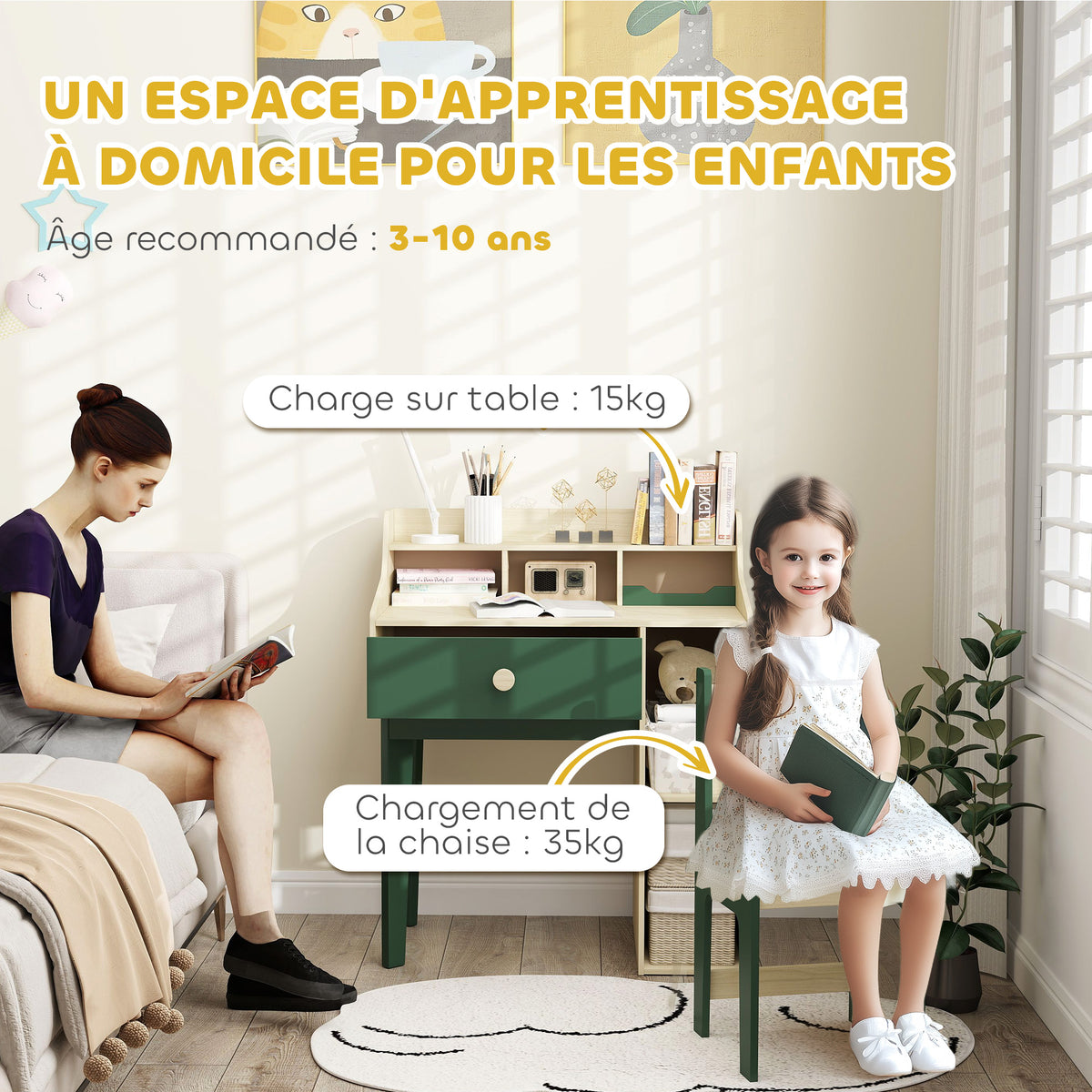 Ensemble bureau et chaise pour enfant avec étagères de rangement et tiroir, mobilier pour enfants de 3 à 10 ans, vert