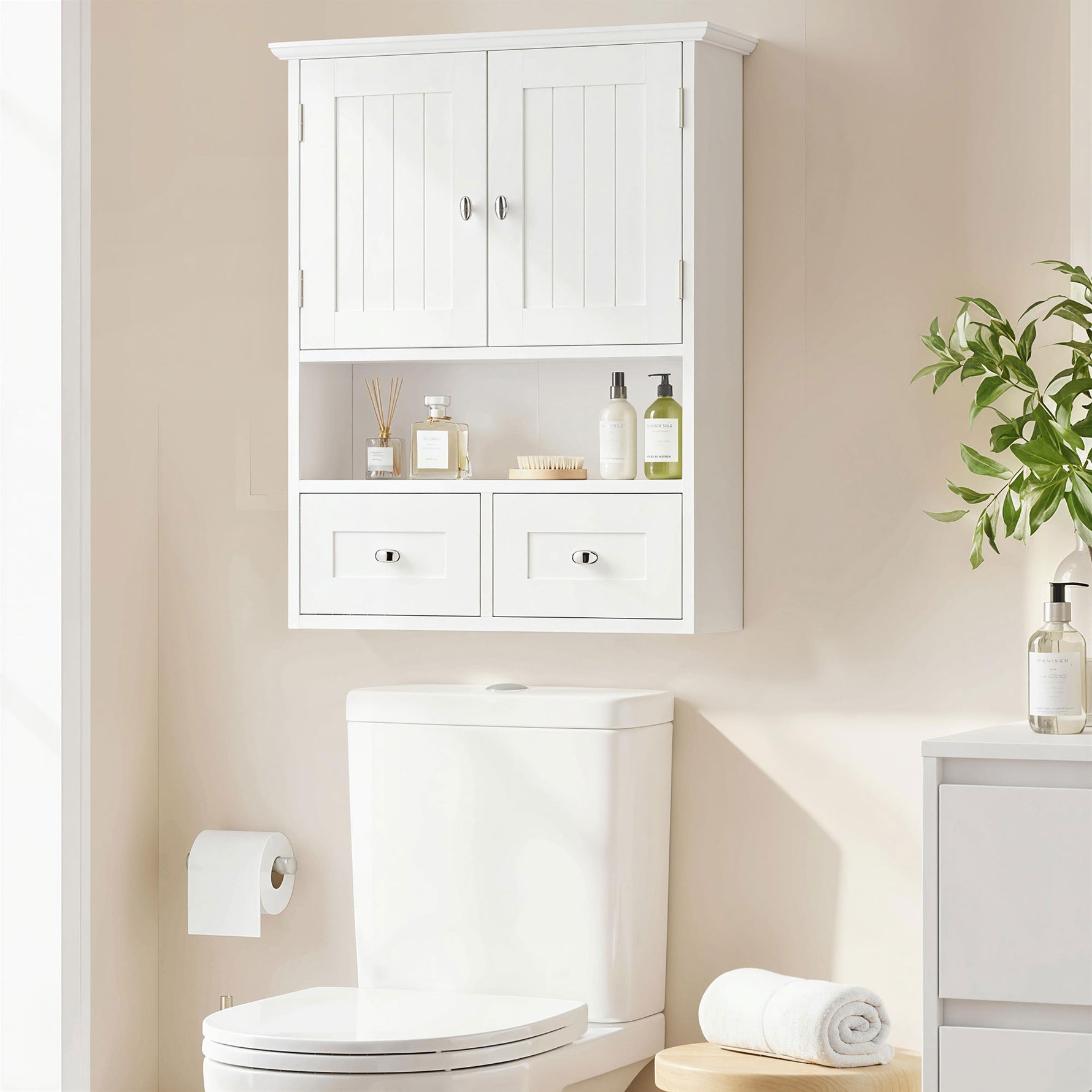 Armoire murale de salle de bain, armoire de toilette, avec portes, étagère, 2 tiroirs, 50,8l x 17,8P x 66H cm, blanc