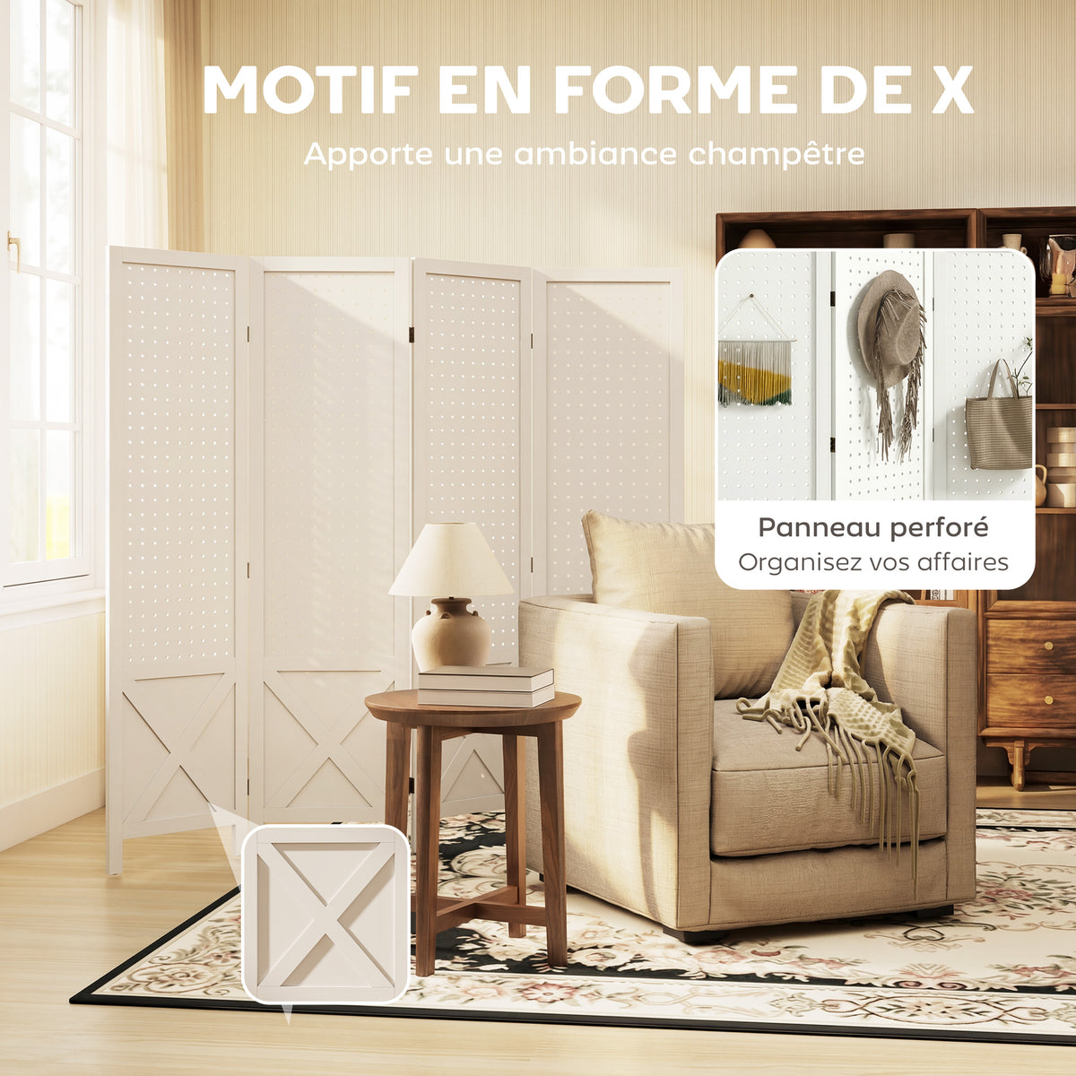 Paravent intérieur en bois 4 panneaux séparateur de pièce pliable panneau perforé 152 x 1,7 x 144,5 cm blanc
