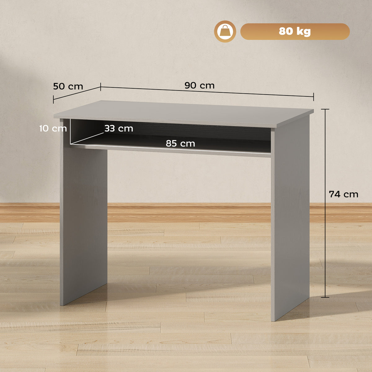 Escritorio informático sobrio, minimalista y compacto con 1 estante, paneles de partículas, dim. 90 ancho x 50 prof. x 74 alto cm, gris