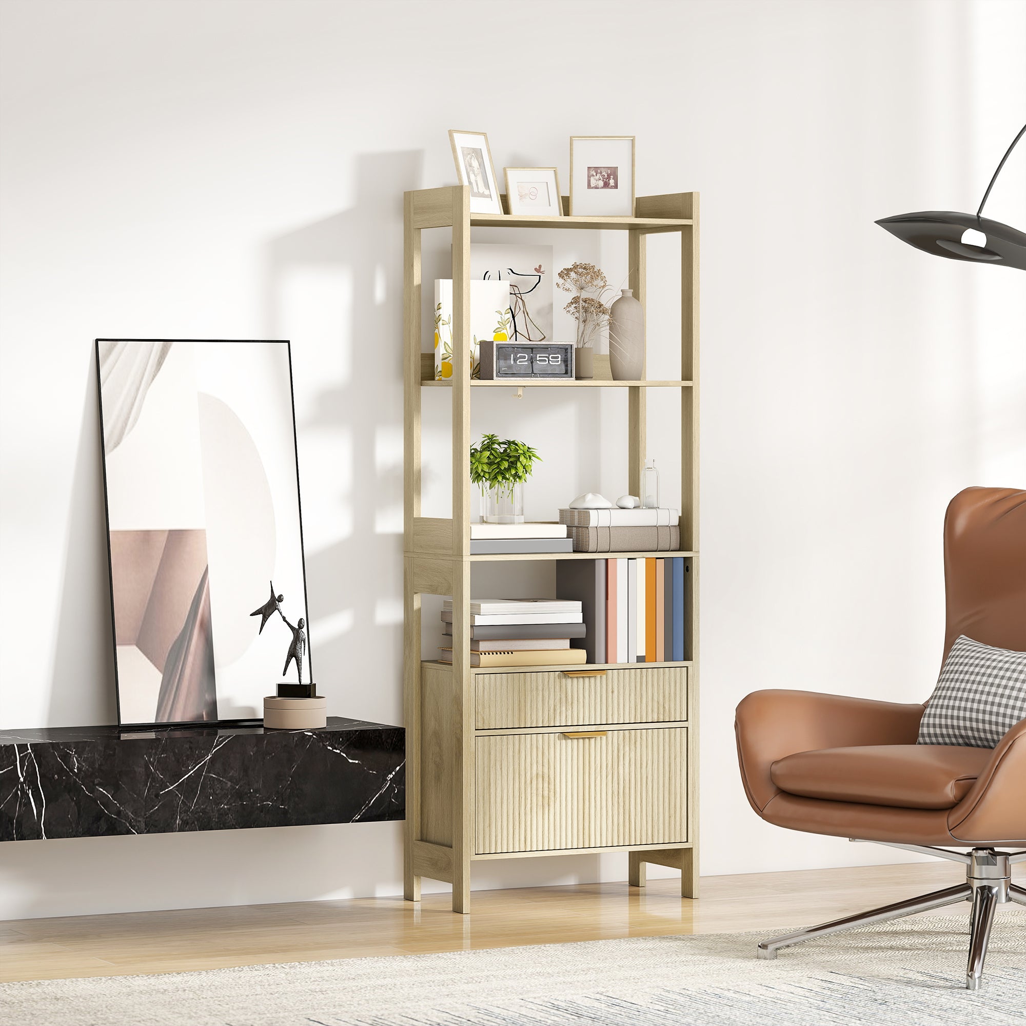 Bibliothèque haute, meuble de rangement avec 4 étagères ouvertes et 2 tiroirs cannelés, 60 x 30 x 160 cm, bois naturel