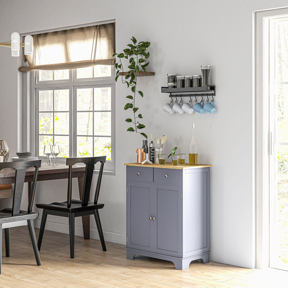 Opbergmeubel dressoir woonkamer met kasten, 2 lades en verstelbare planken, 68x40,3x85cm, grijs en naturel hout