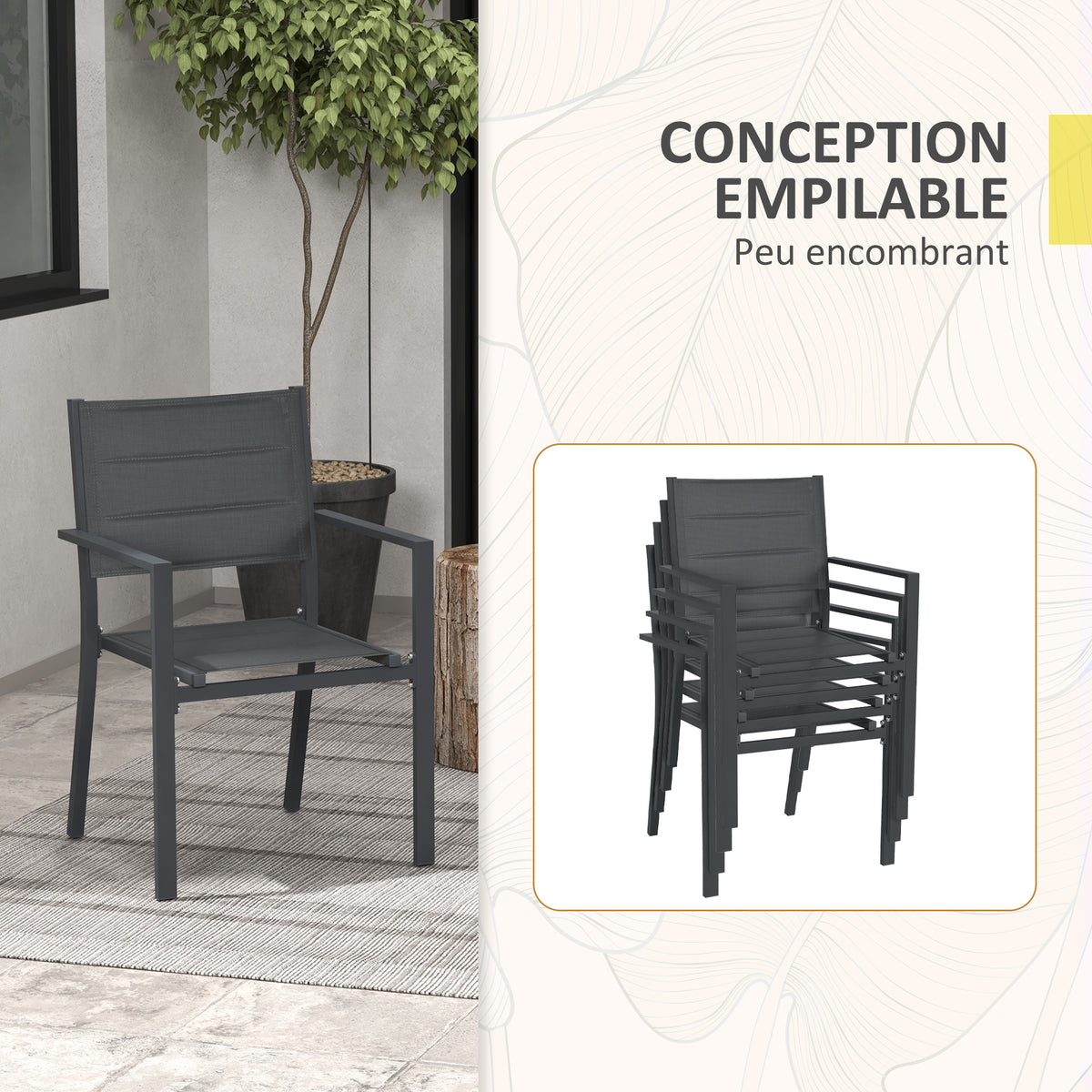 Ensemble de 4 chaises de jardin empilables en aluminium et textilène avec accoudoirs, lot de 4 pièces pour extérieur