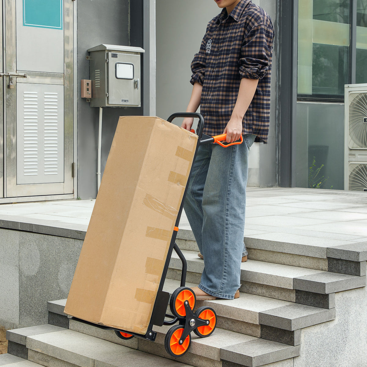 Treppensteiger-Sackkarre klappbar 120 kg 6 Räder, Stahl-Transportkarre mit Spanngurten, 44x67x106,5 cm, orange