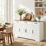 Credenza, mobile da cucina stile rustico con 4 ante a granaio, 3 cassetti, ripiani regolabili, bianco