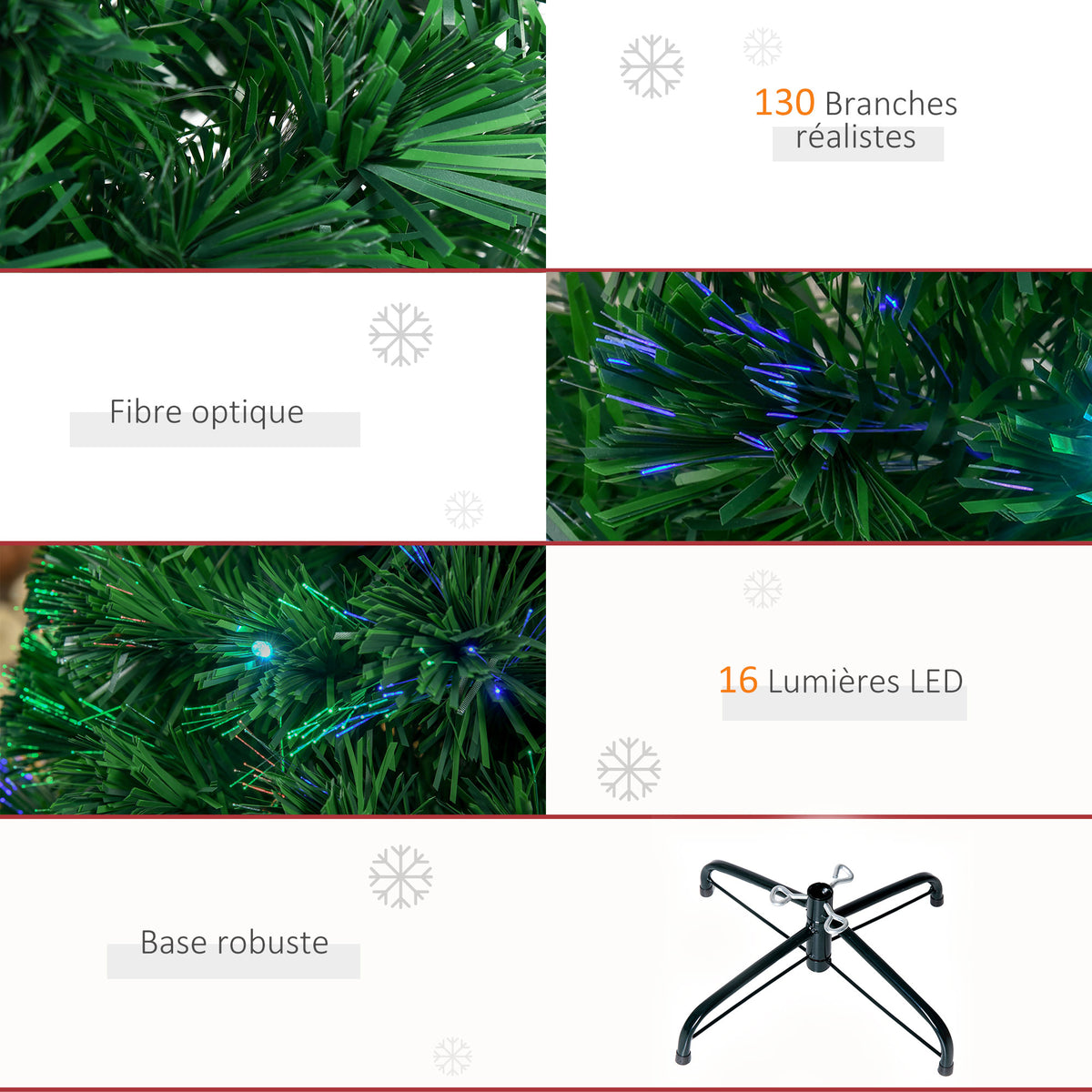 Sapin de Noël Artificiel Lumineux 120H cm Fibre Optique LED Multicolore + Support Pied 130 Branches étoile Sommet Brillante Vert