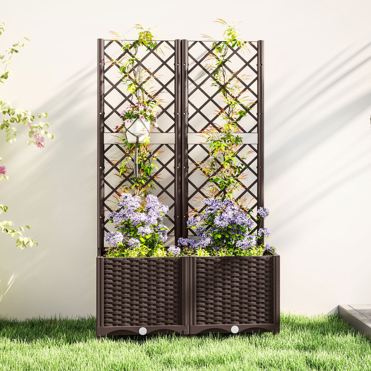Jardinière avec treillis lit surélevé de jardin jardinière extérieure avec 6 trous de drainage 80 x 40 x 135 cm marron