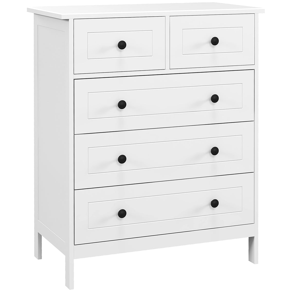 Commode meuble de rangement 5 tiroirs pour chambre, bureau, entrée, blanc et poignée métal noir