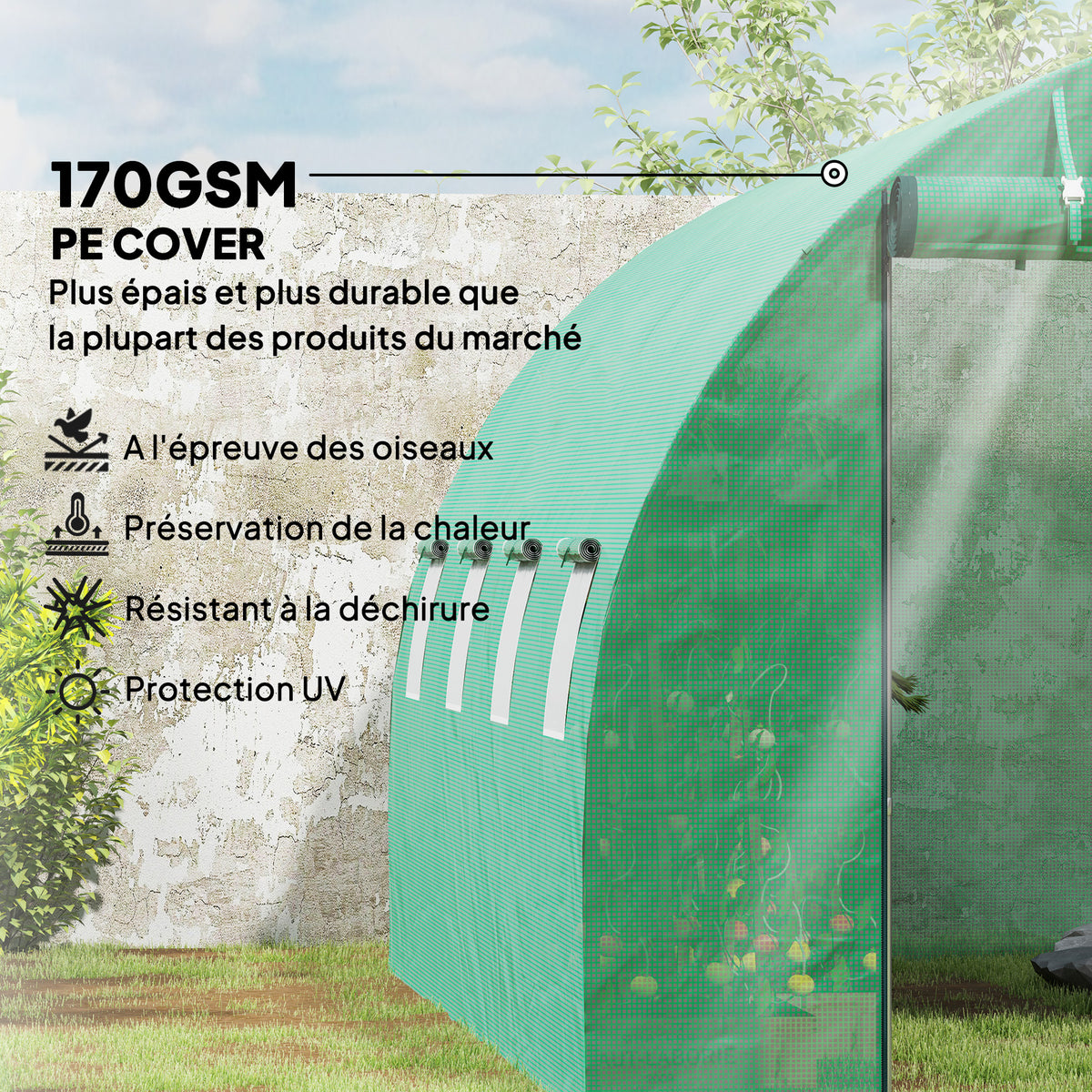 Serre tunnel de jardin 3 x 4 x 2 m avec porte enroulable et grandes fenêtres, en acier galvanisé et PE, vert
