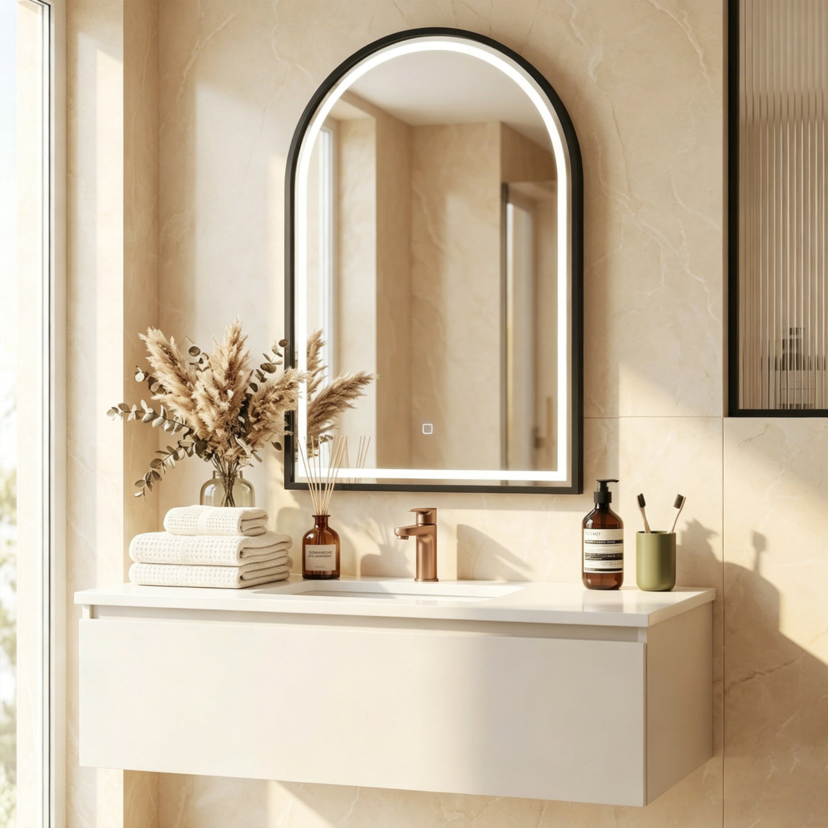 Miroir Salle de Bain avec Éclairage 60 x 90 cm, Miroir LED Arqué, Anti-Buée, 3 Couleurs Lumière, Dimmable, Mémoire, Noir