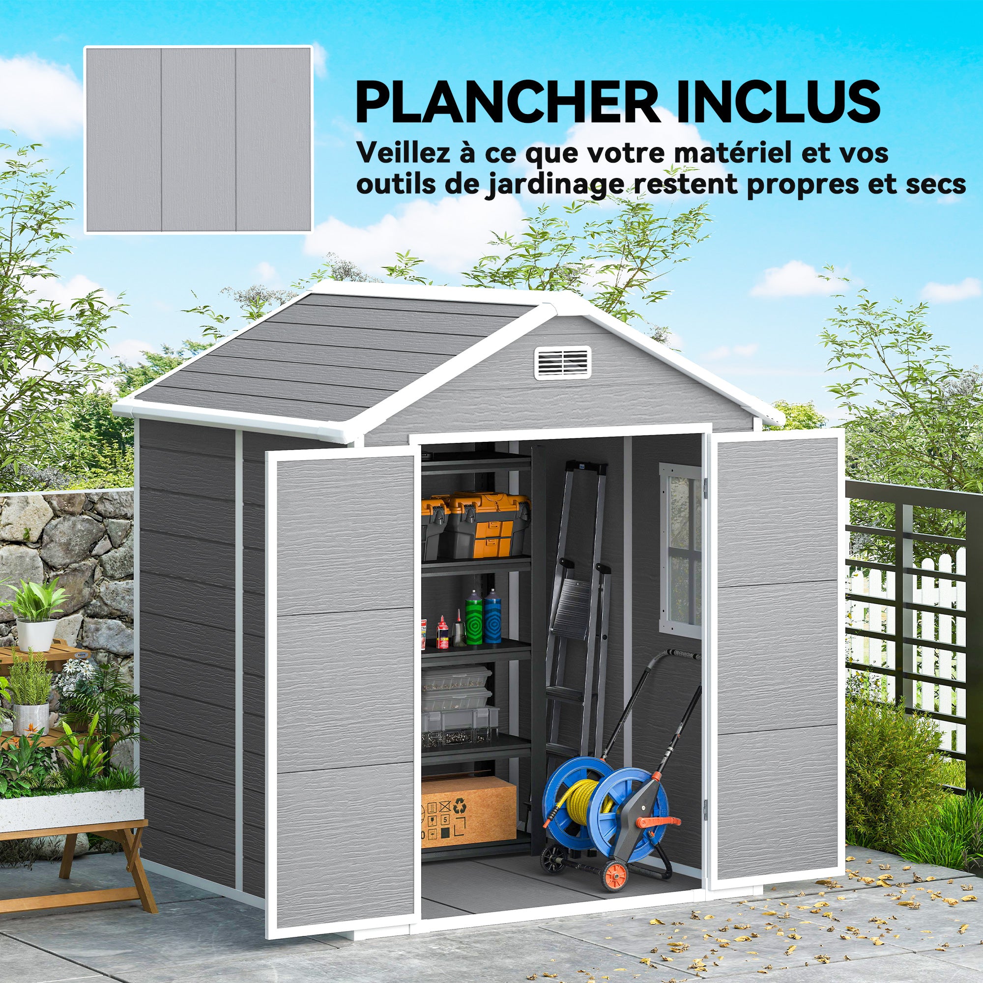 Abri de jardin en résine 2,7 m² avec plancher portes à loquet 3 fenêtre structure en aluminium 240 x 190 x 228 cm gris