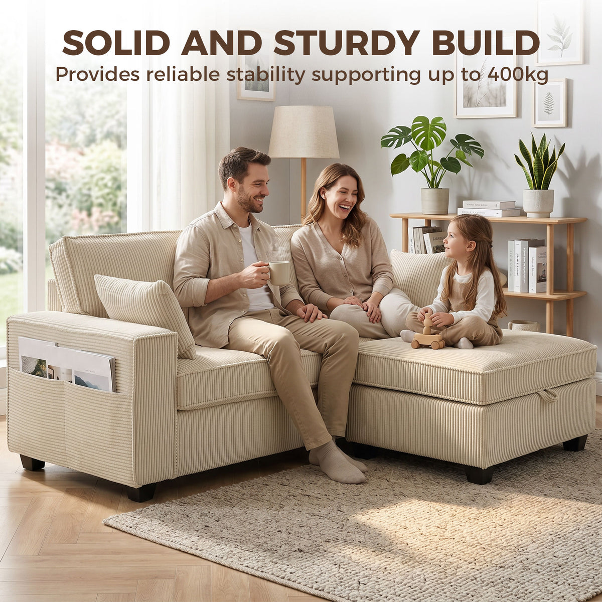 Canapé 3 Places avec Pouf de Rangement, Canapé d'Angle en Velours Côtelé, Assise Large, 2 Coussins, Beige