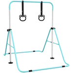 Barre de gymnastique pour enfants, barre horizontale pliable à hauteur réglable avec anneaux de gymnastique, cyan