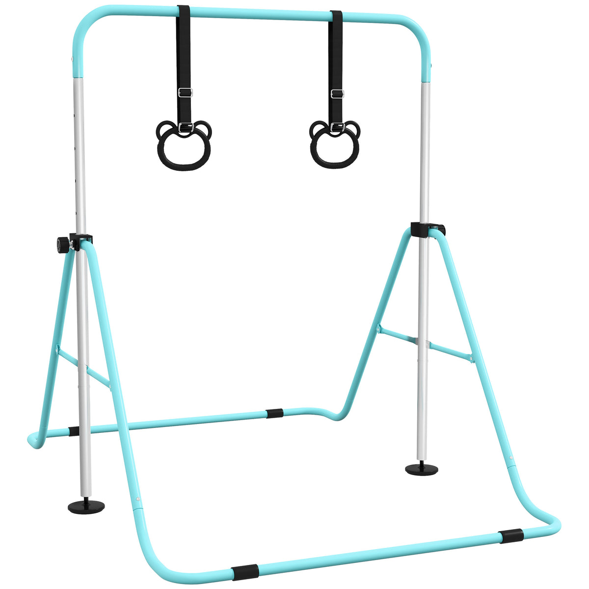 Barre de gymnastique pour enfants, barre horizontale pliable à hauteur réglable avec anneaux de gymnastique, cyan