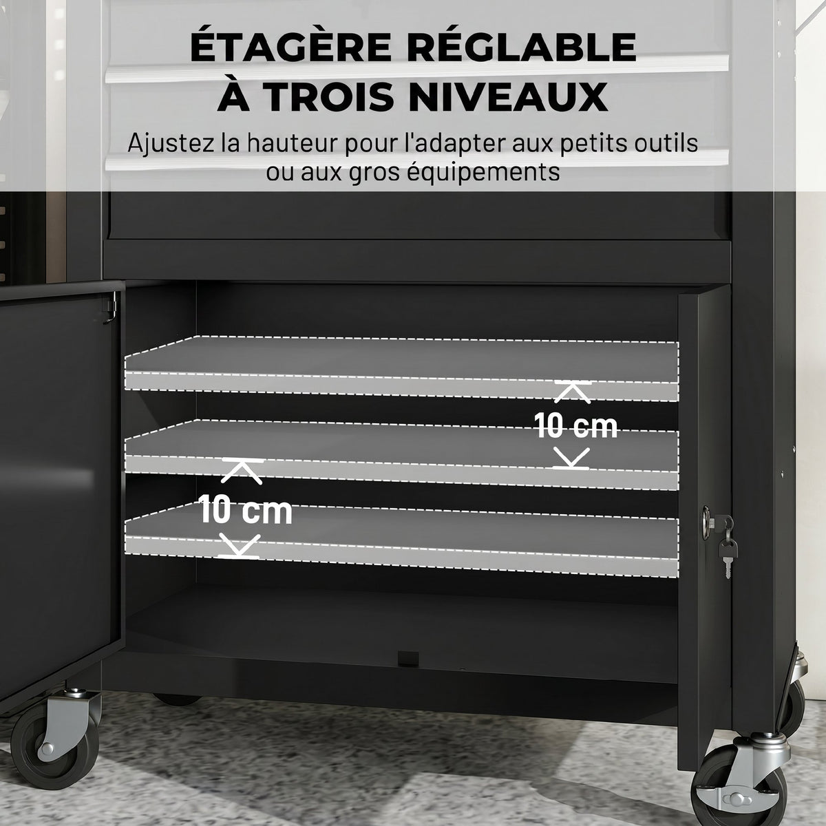 Servante d'atelier en acier à 3 tiroirs, chariot à outils sur roulettes, étagère réglable, panneau perforé, noir