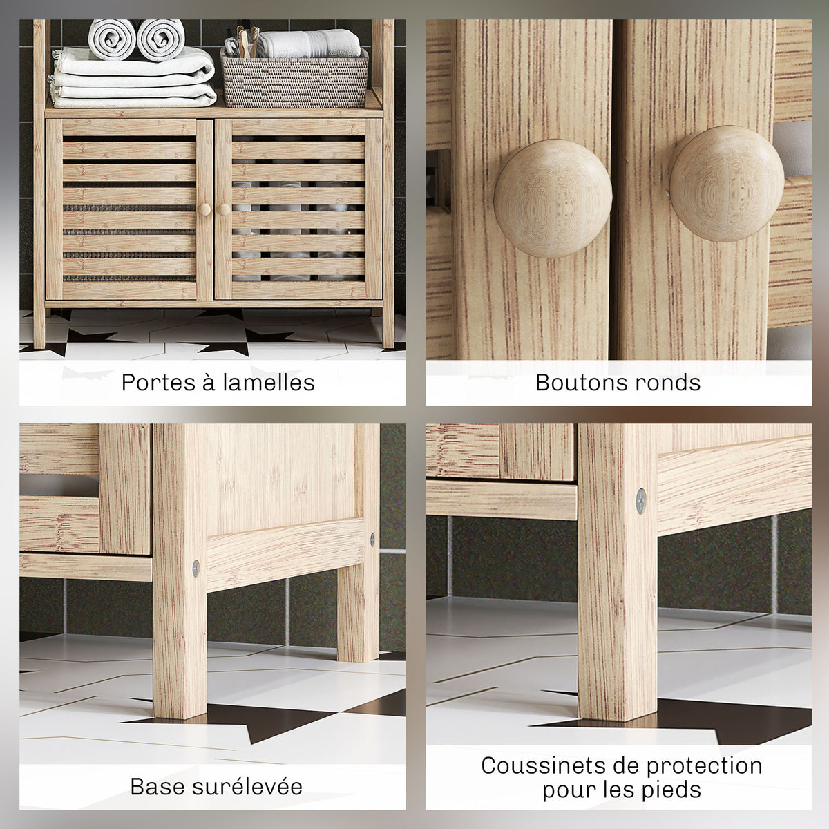 Colonne de salle de bain armoire de rangement en bambou 3 étagères 1 placard 63 x 30 x 138 cm bois naturel et blanc