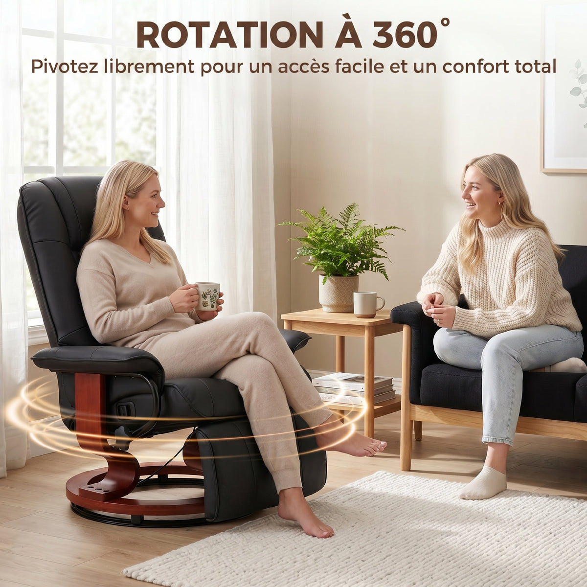 Fauteuil Relax Inclinable, Fauteuil de Salon, Repose-Pieds Réglable, Pivotant 360°, Piètement Bois, Revêtement Synthétique, Noir