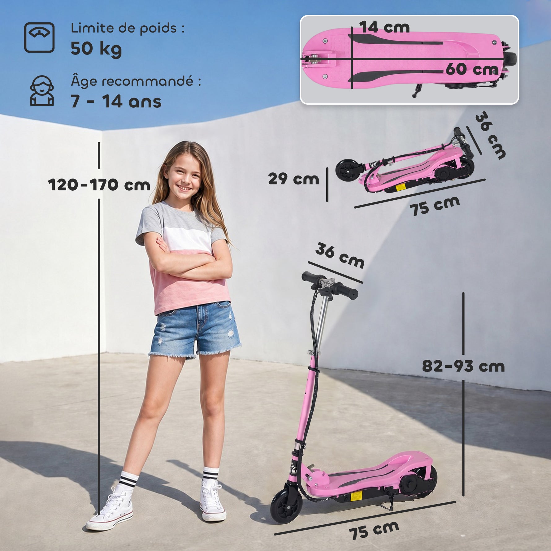 Trottinette électrique pliante pour enfant de 7+ans, 120W Vitesse max 12km/h, 75x36x82-93 cm rose
