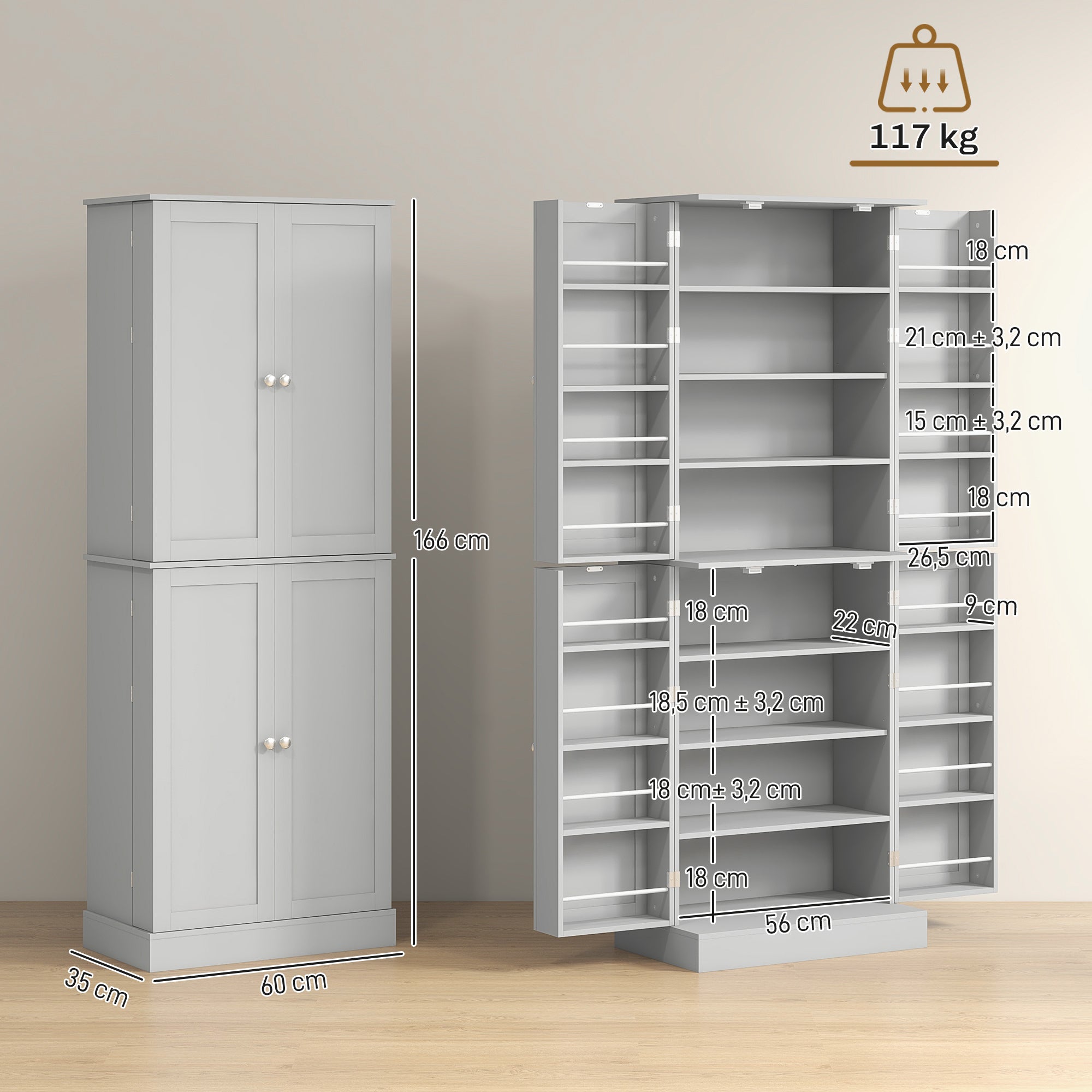 Kitchen cupboard, kitchen sideboard with cabinets, adjustable shelf and spice rack, 60 x 35 x 166 cm, grey