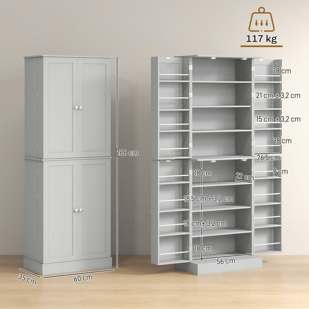 Credenza da cucina con armadietti, ripiano regolabile e portaspezie, 60 x 35 x 166 cm, grigio