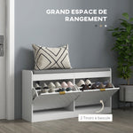 Banc à chaussures, banc de rangement, assise rembourrée, tiroir rabattable, porte avec motif 106 x 24 x 52,5 cm, blanc