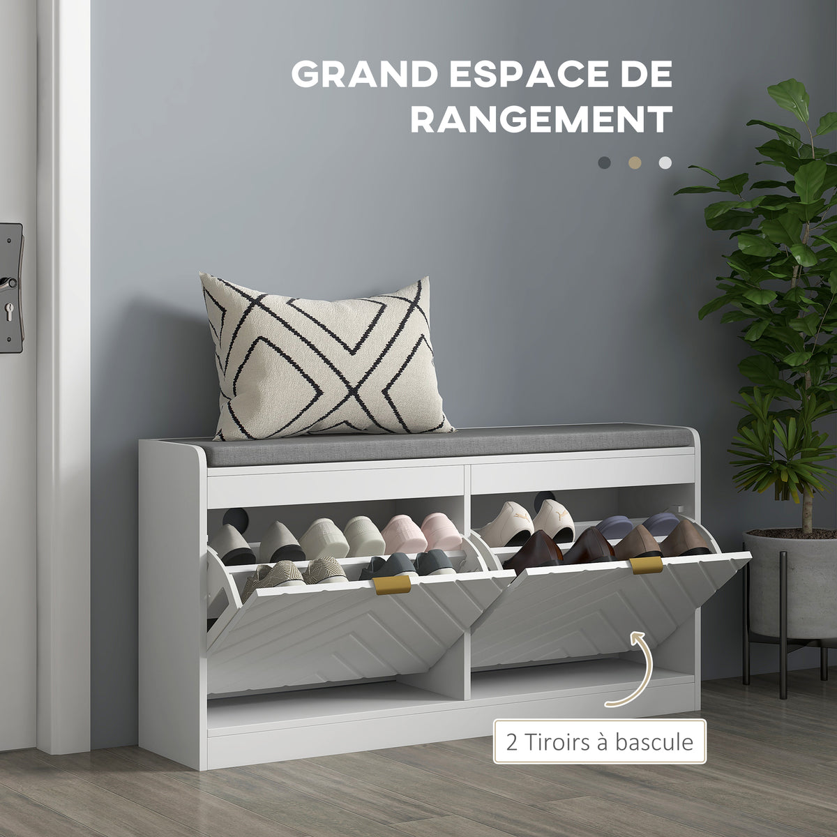 Banc à chaussures, banc de rangement, assise rembourrée, tiroir rabattable, porte avec motif 106 x 24 x 52,5 cm, blanc