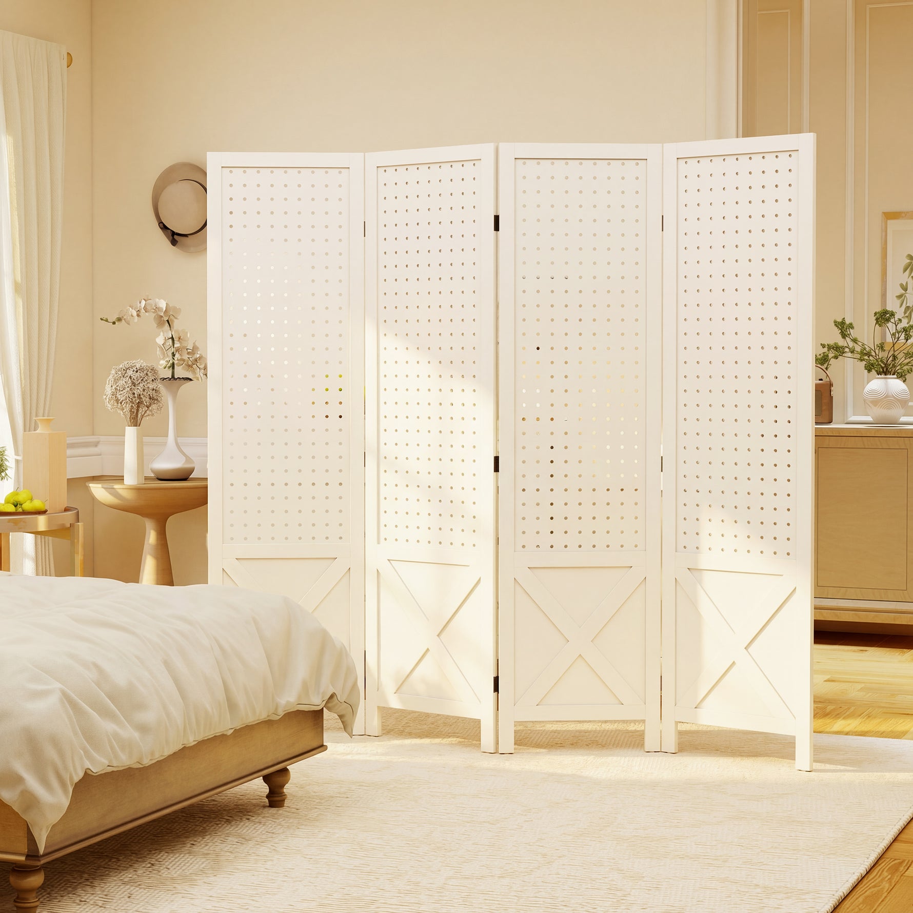 Paravent intérieur en bois 4 panneaux séparateur de pièce pliable panneau perforé 152 x 1,7 x 144,5 cm blanc