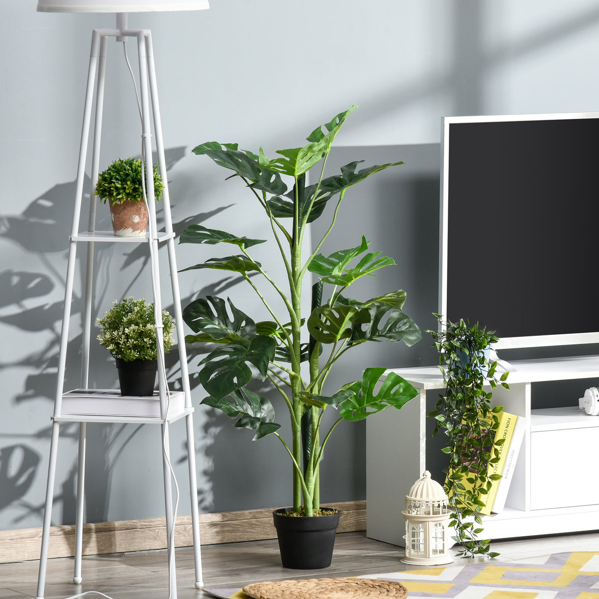 Plante artificielle modèle Monstera avec 21 feuilles en pot ciment, intérieur ou extérieur, dim. Ø16 x 100H cm
