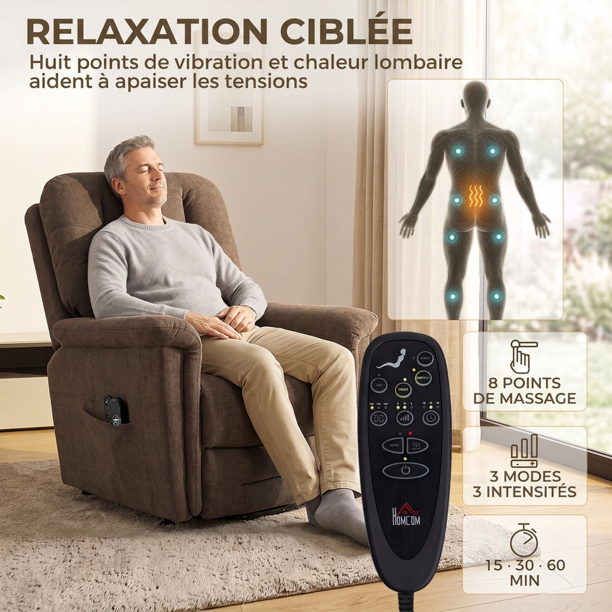 Electric Lift Chair Massage and Heat Electric Recliner Chair Velvet USB Port Reclining Backrest Brown
